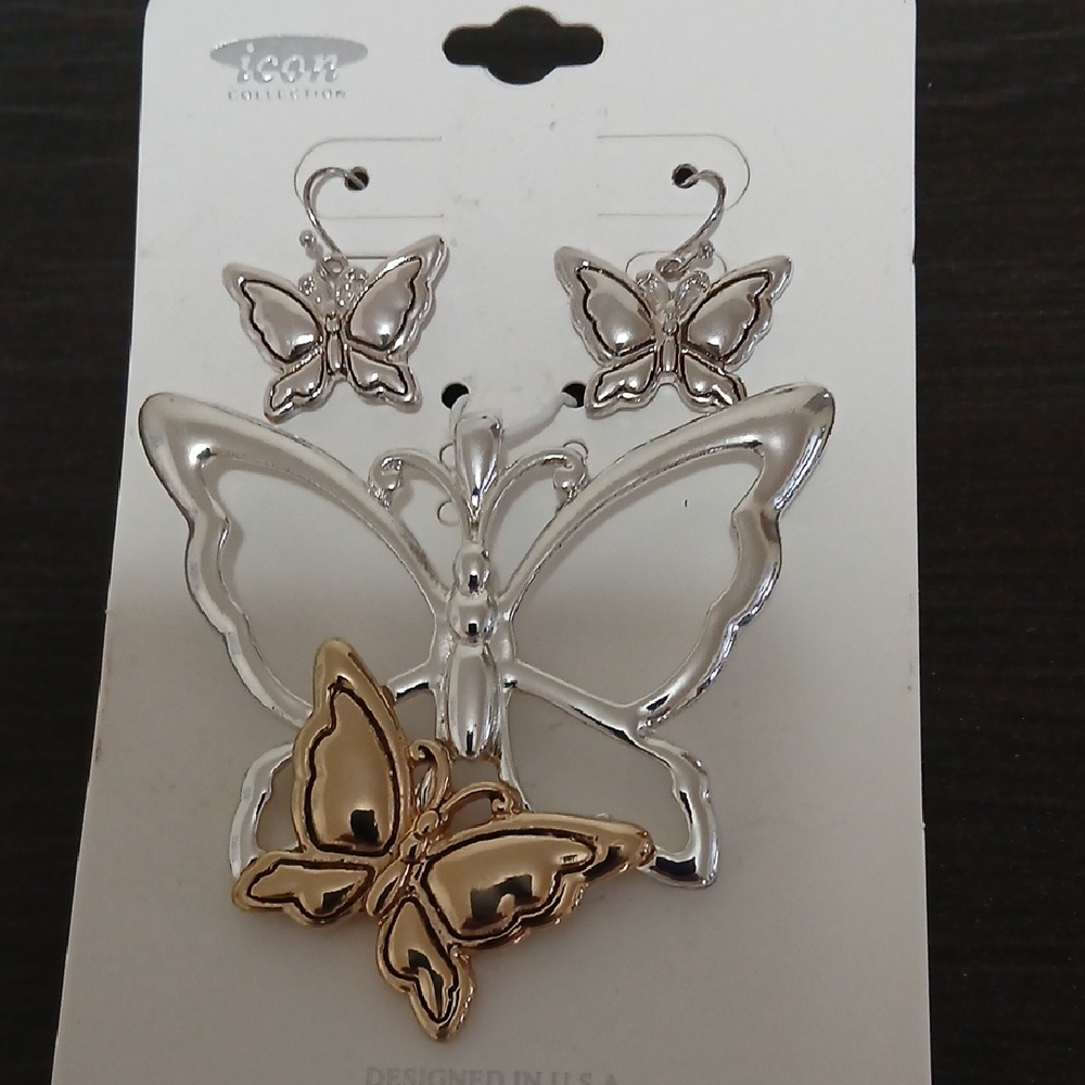 ICON Silver and Gold Butterfly Earrings & Pendant Set
